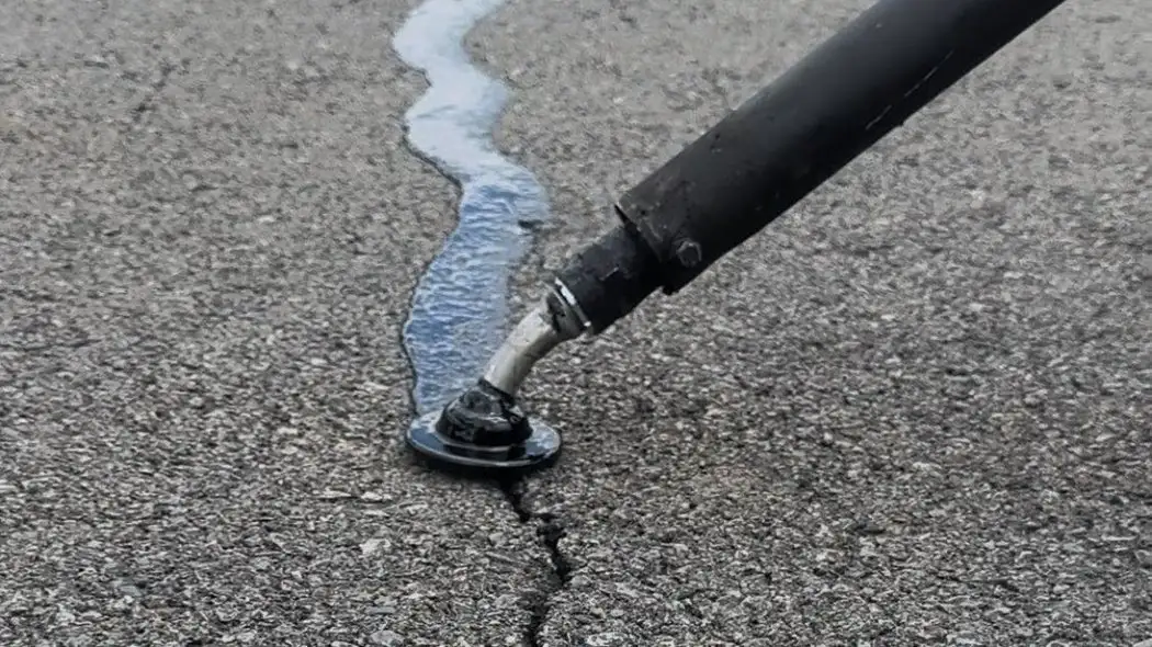 Close up of hot pour crack filler being run along a crack in asphalt